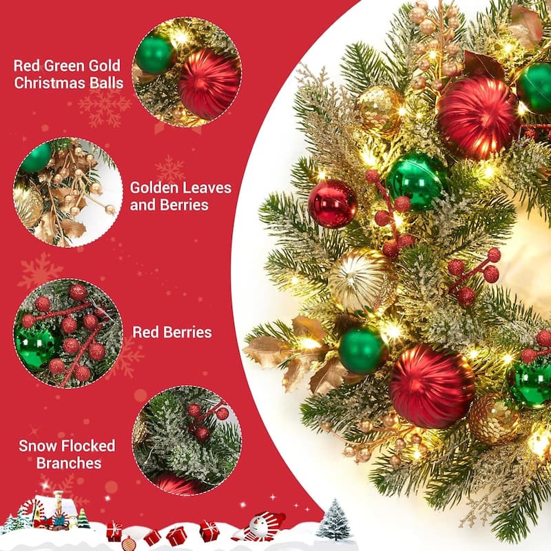 16 Inch Prelit Christmas Wreath for Front Door, Fireplace - N/A