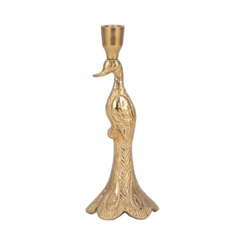 Metal Peacock Taper Candle Holder Home Decor - Gold, 10 in. - 9.75"