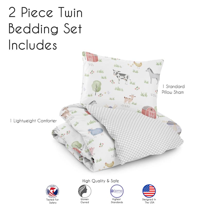 Farm Animals Collection Boy or Girl 2-piece Twin-size Comforter Set - Watercolor Farmhouse Lattice Horse Cow Sheep Pig