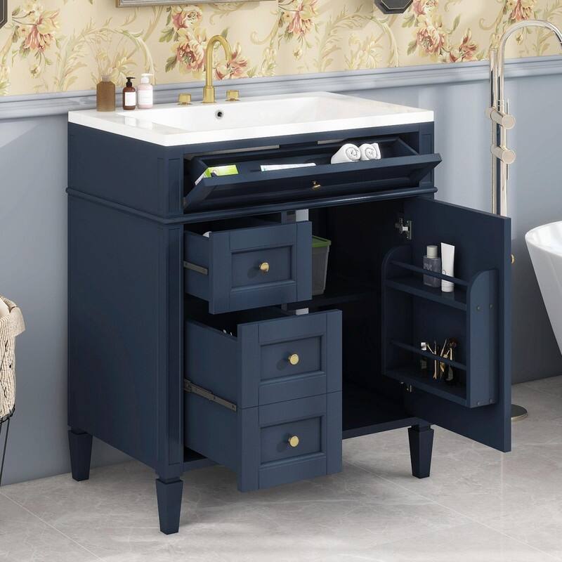 30'' Modern Bathroom Vanity with Top Sink, 2 Drawers and Tip-out Drawer - With Sink - Navy