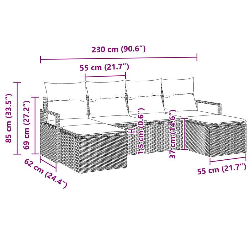 vidaXL 6 Piece Garden Sofa Set with Cushions Brown/Grey/Black Poly Rattan - 90.6×24.4×27.2