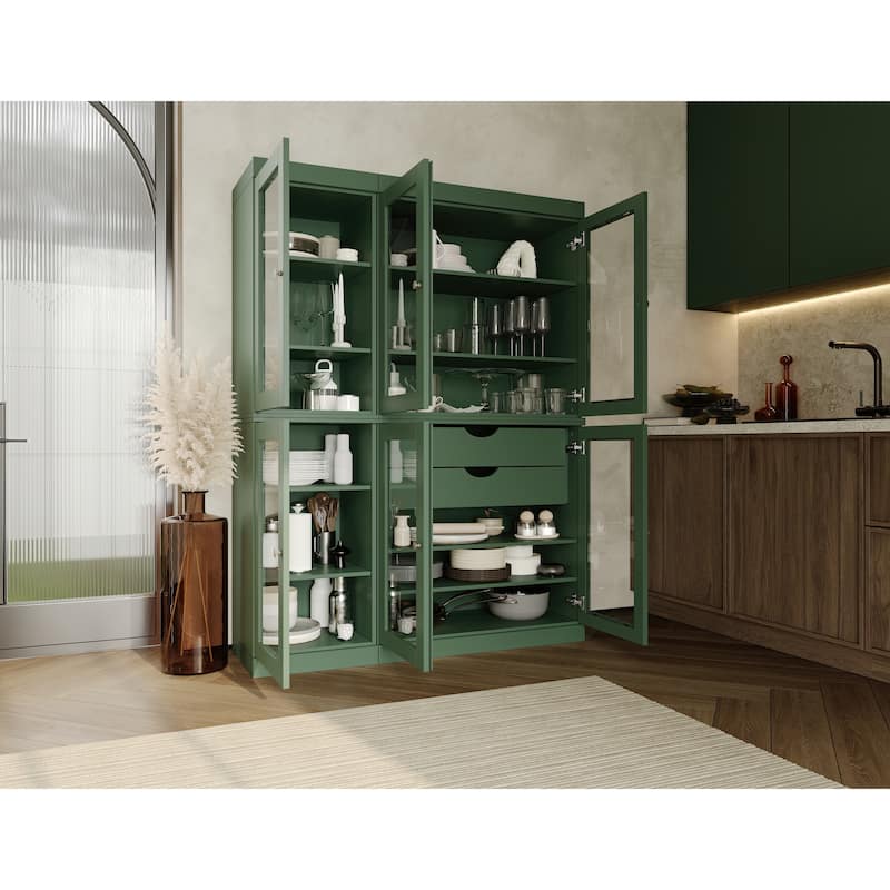 Palace Imports 100% Solid Wood 48.5" Pantry China Cabinet with Clear Glass Doors, 2-Drawers and Adjustable Shelves - Green
