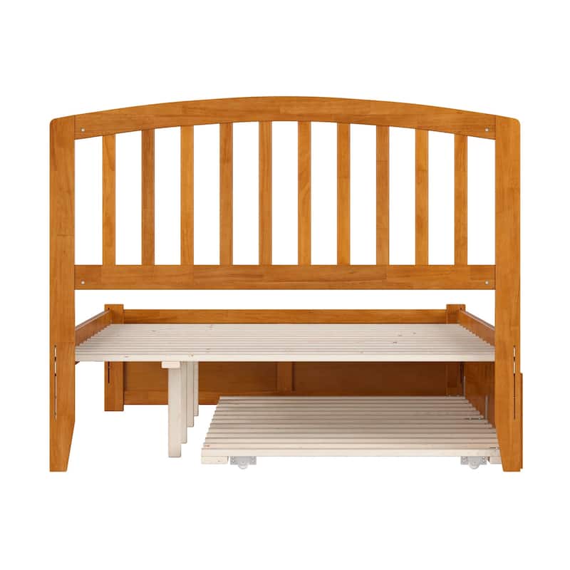 Solid Wood Platform Bed with Trundle - Full Size Bed Frame & Footboard - Light Toffee Finish