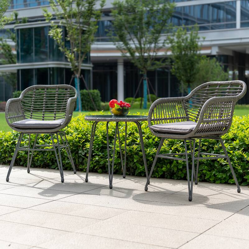 Wicker Bistro Set Outdoor Furniture with Cushions (Set of 3) by Tappio - 21.2"L x 23.6"W x 31.5"H - Grey