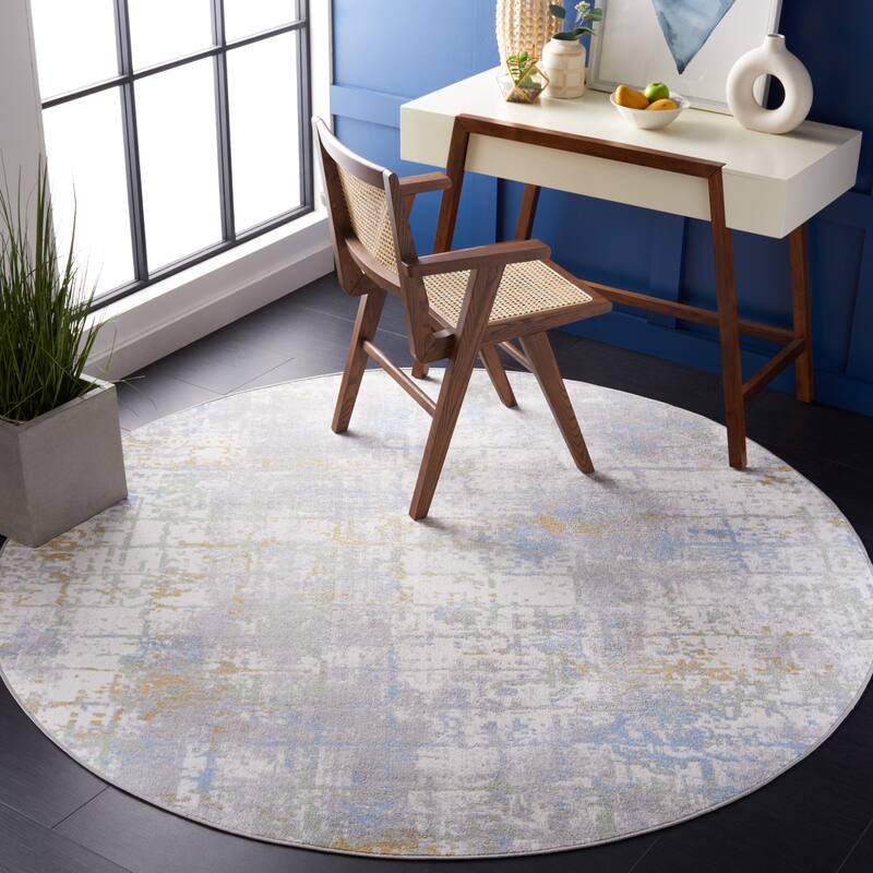 SAFAVIEH Bayside Machine Washable Hannemarie Modern Abstract Rug - 6'7" Round - Grey/Ivory Blue