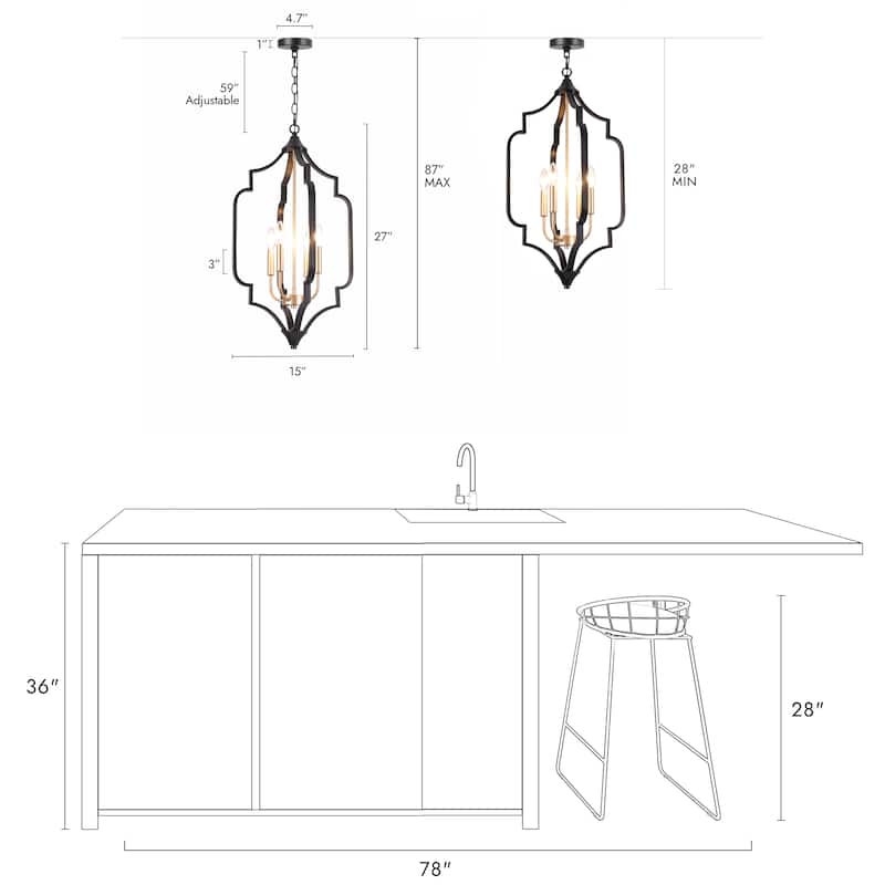 Modern 4-Light Black Gold Chandelier Metal Cage Candle Pendant Lights for Dining Room - 15" L x 15" W x 27" H