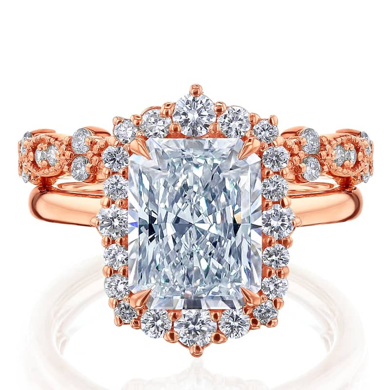 Kobelli 3.1 Carats Radiant Diamond 14k Solid Gold Rococo Halo Vintage Style Raen Bridal Rings 2pc Set (DEF/VS, Certified) - 7 - Rose