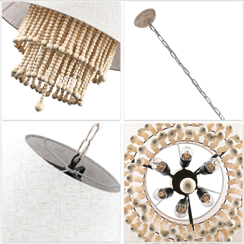 CurveCurio 24" Bo-Ho Style Modern Chandelier with Soild Wood Beads Accent and Beige Fabic Light Shade - 3 Lights