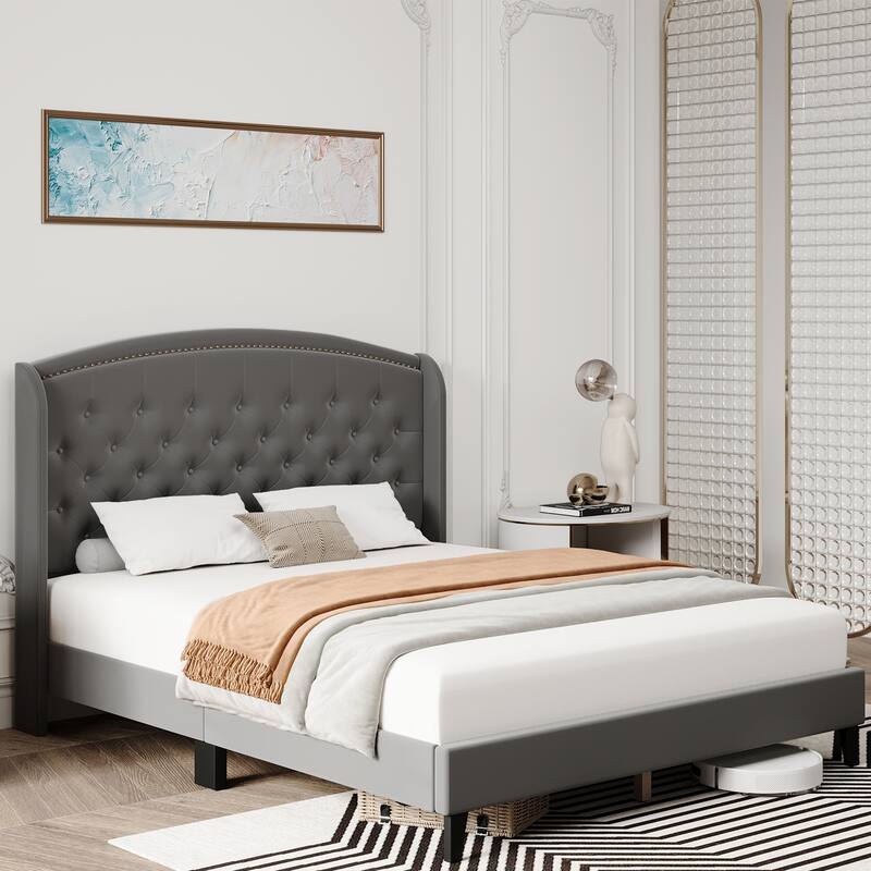 Platform Bed Frame Full with Upholstered Wingback Headboard