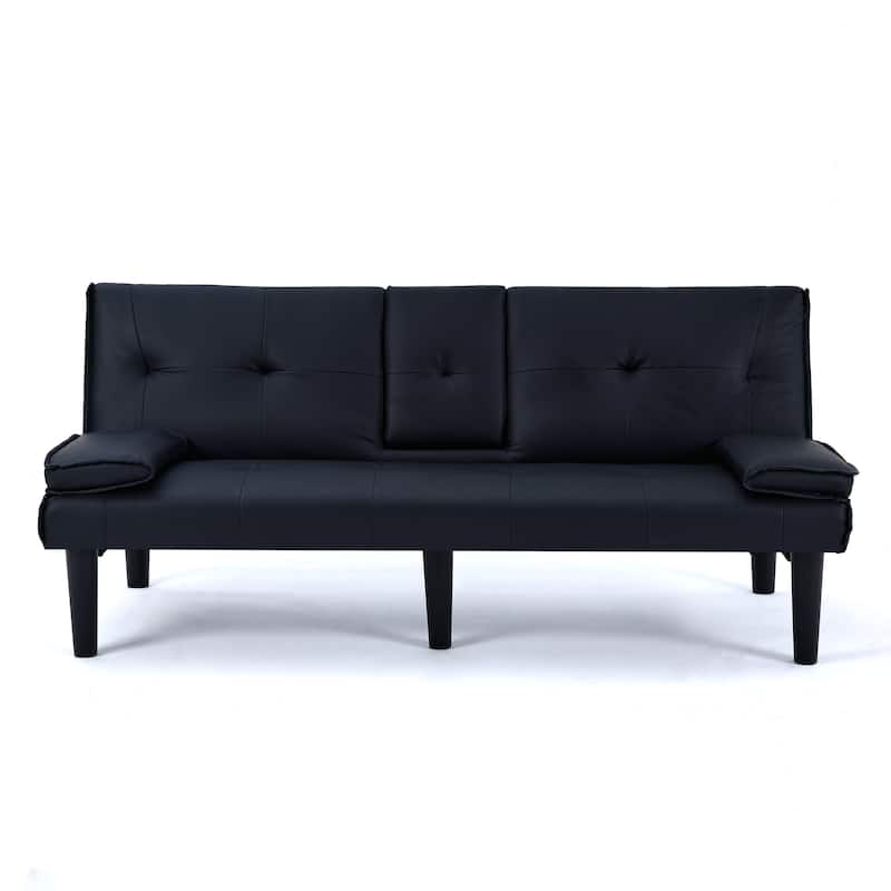 Convertible Loveseat Couch Adjustable Faux Leather Sleeper Sofa Bed with Coffee Table, Cup Holders and Removable Pillow Armrests