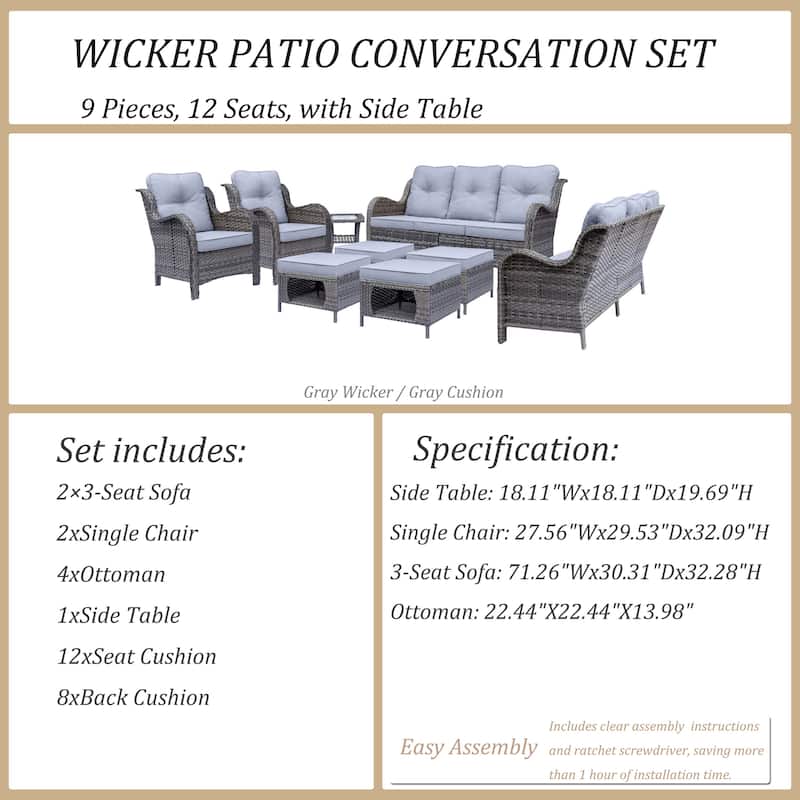 9 Piece Wicker Outdoor Patio Furniture Seating Sofa Conversation Sets