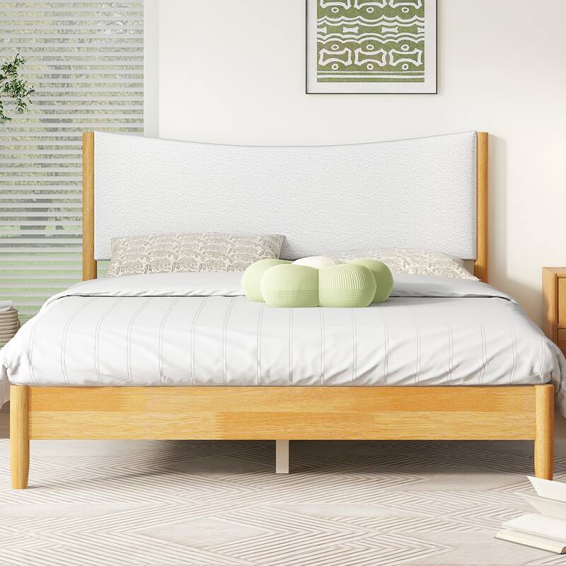 Queen Size Rubber Wooden, Solid Wooden Bed w/ Teddy Velvet Cushion Upholstered Headboard, Enhanced by Support Feet, Beech White