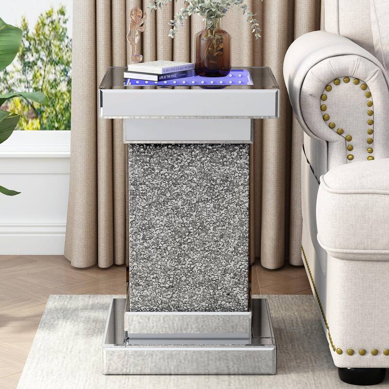 11.8'' Silver Square Mirrored End Table with LED Lights - Silver - Glass