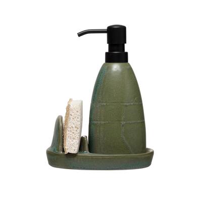 Stoneware Soap Dispenser with Loofah and Holder - 6.0"L x 4.5"W x 7.9"H