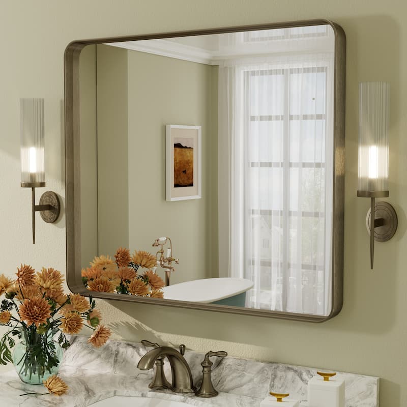 Aluminum Alloy Framed French Cleat Mounted Tempered Glass Wall Vanity Mirror - 36" x 32" - Bronze