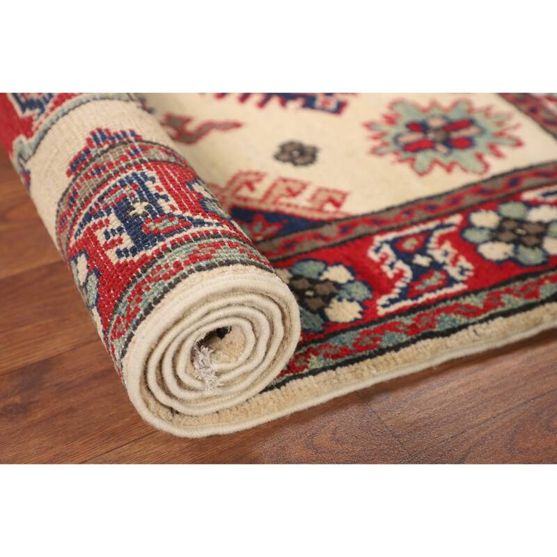 Beige Geometric Kazak Foyer Rug Hand-Knotted Wool Carpet - 2'9" x 4'1"