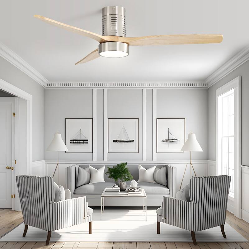 52" Flush Mount Wood Ceiling Fan with Dimmable LED Light and Remote Control