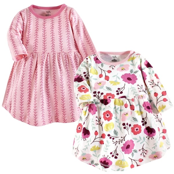 slide 1 of 1, Touched by Nature Baby and Baby Girl Organic Cotton Long-Sleeve Dresses 2pk, Botanical 0-3 Months - Baby Toddler Botanical Long Sleeve