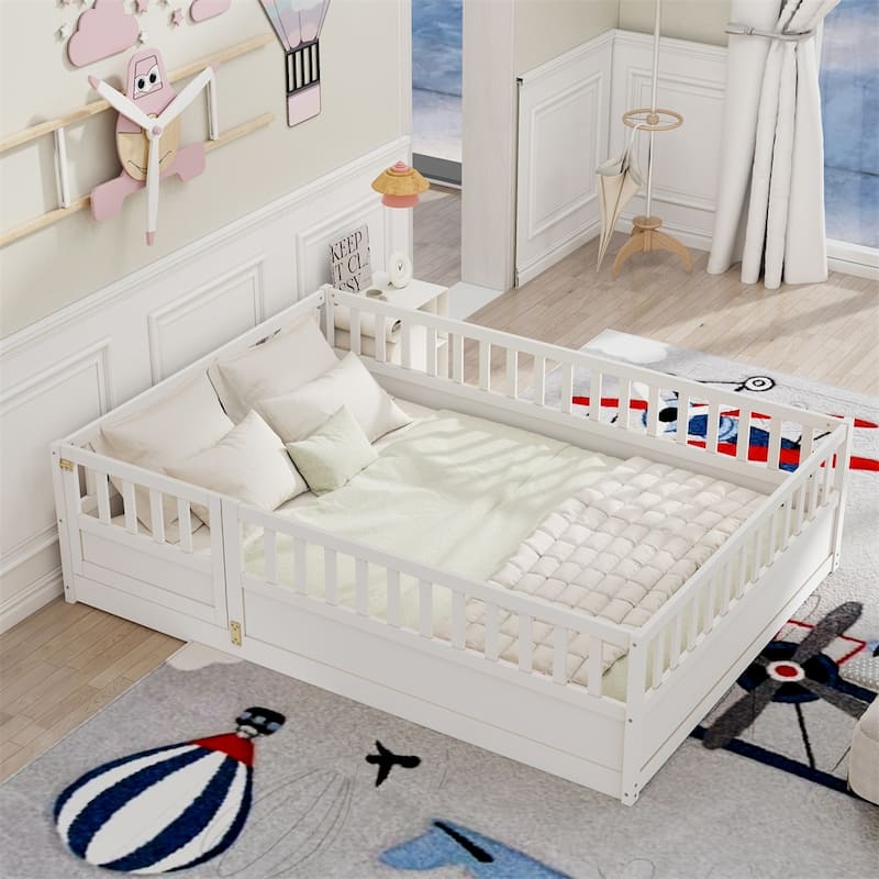 Full Size Wood Floor Bed with Barrier Door - White