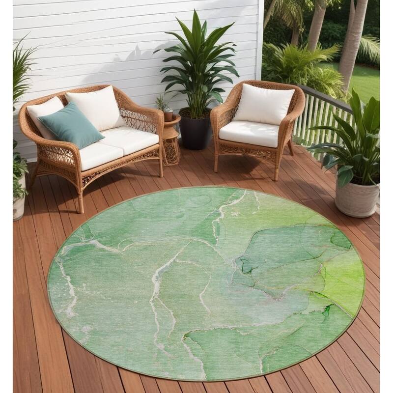 Allus Artistic Abstract Weather Resistant Classic Meets Modern Outdoor Rug - 8' Round - Green