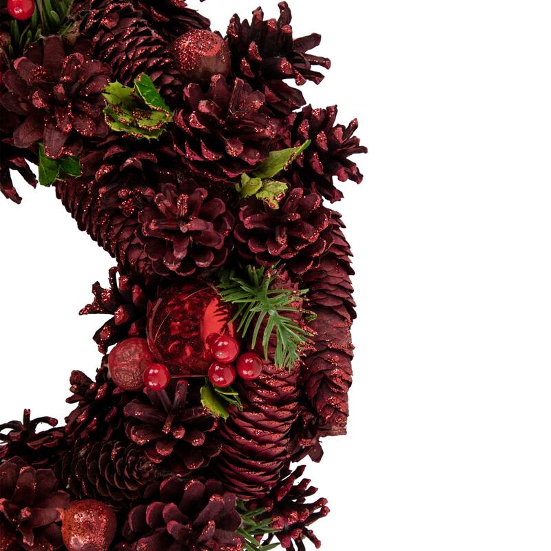 Red Pinecone Berry and Ornament Christmas Wreath 13.5-Inch Unlit - 13.5"