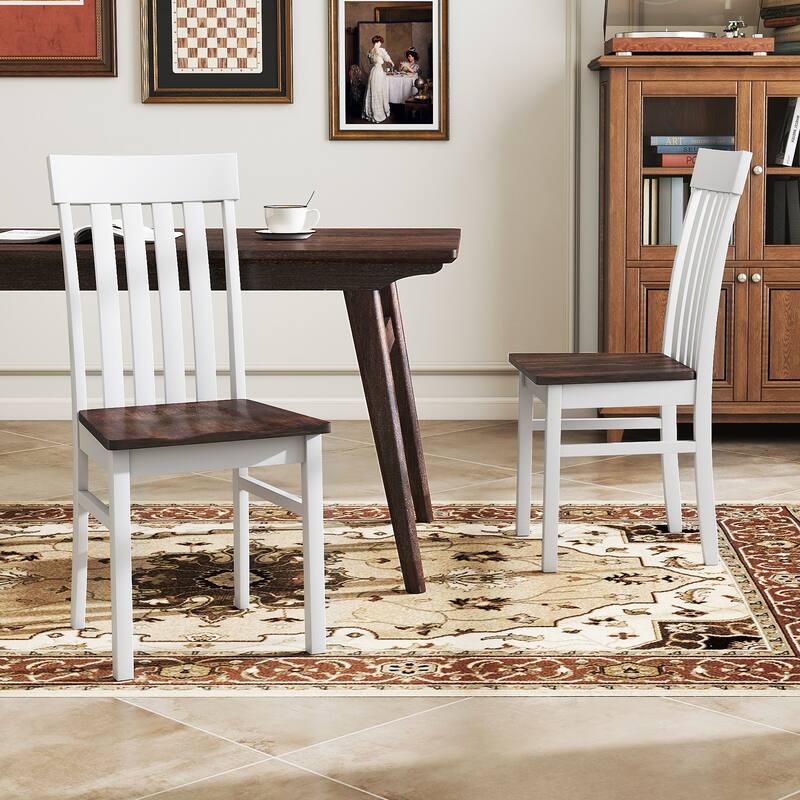 Set of 2 White and Walnut Dining Chairs with High Backrest and Contoured Seat for Kitchen and Dining Room - 17.5" x 20" x 38"