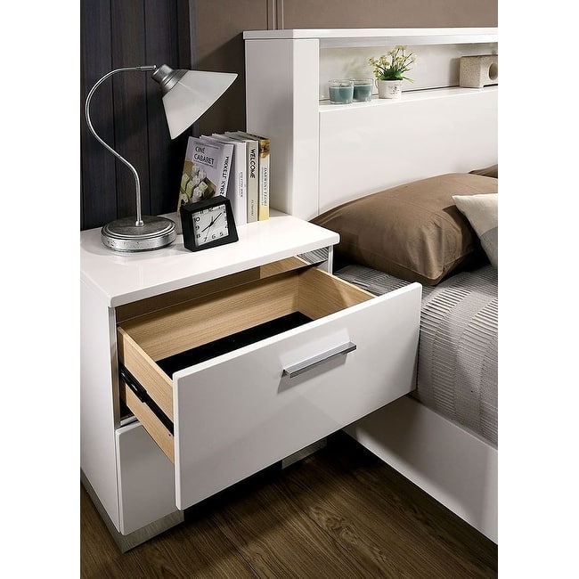 Elegant White High-Gloss Nightstand w/ Chrome & USB for Bedroom