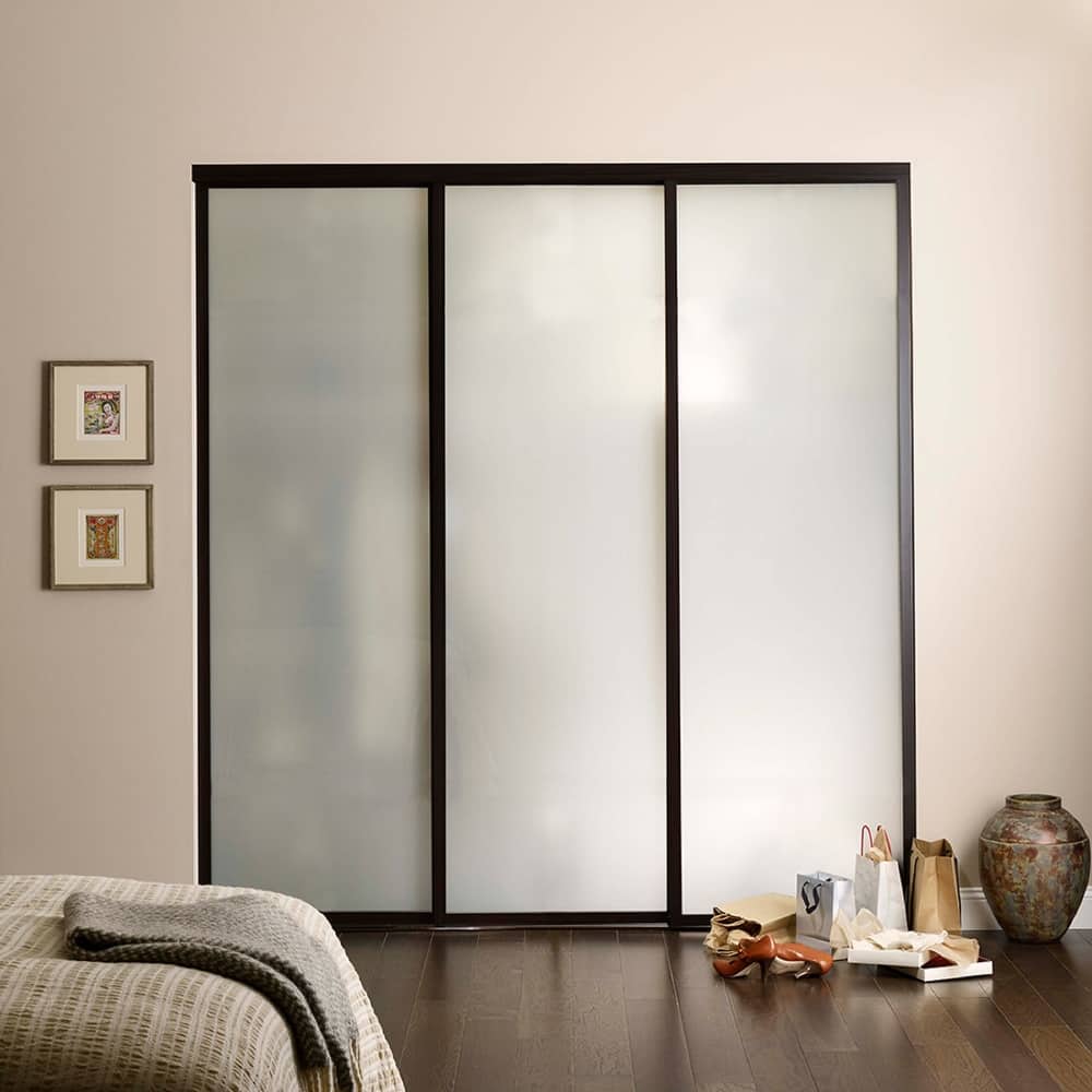 THE SLIDING DOOR COMPANY 3 Panel, Sliding Closet Doors, Frosted Glass, Aluminum Frame on triple track.