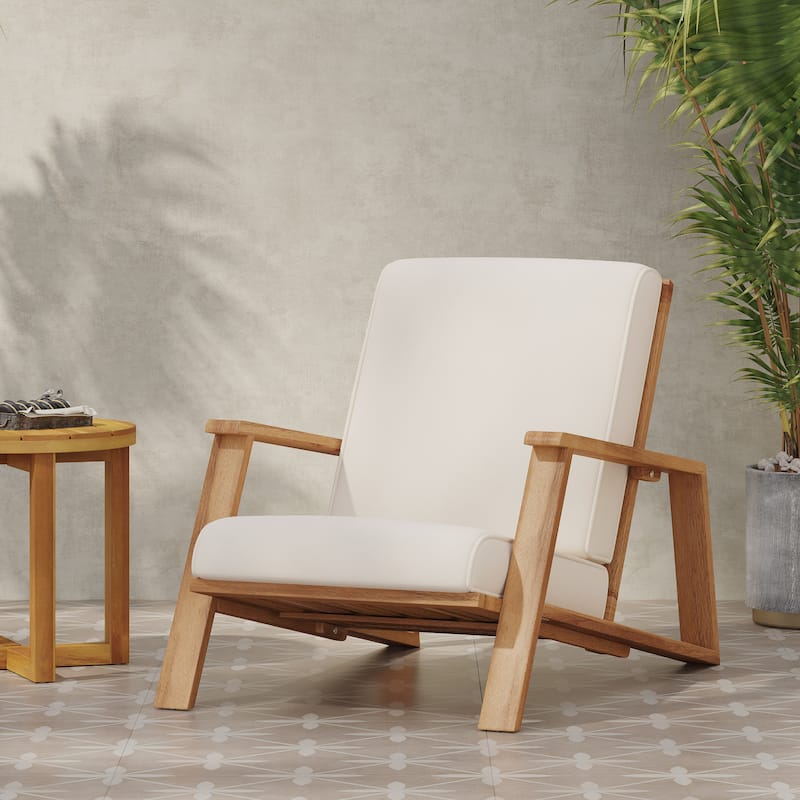 Roomfitters Mid-Century Acacia Wood Lounge Armchair with Cushions, Patio Seating Furniture - Beige