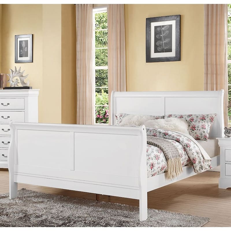 White Wood Queen Bed Traditional Sleigh Bed, Center Metal Glide
