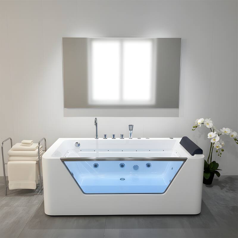 67" Whirlpool Bathtub, Hydrotherapy Jetted Bathtub with Glass Panel - Milk White