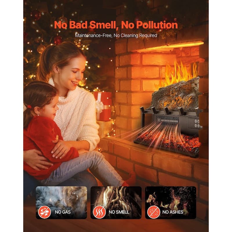 1500W Electric Log Heater with Timer and Remote Adjustable Brightness