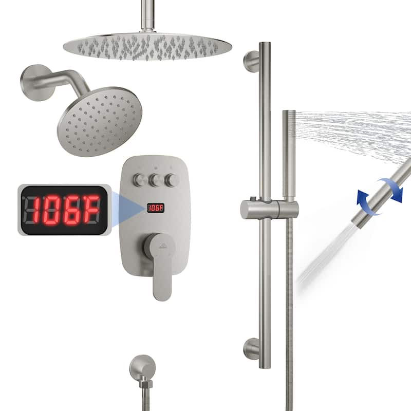 3-Spray Patterns 1.8 GPM 12 in. and 6 in. Dual Shower Head and Handheld Shower Head with Digital Display and Pressure-Balanced - Brushed Nickel