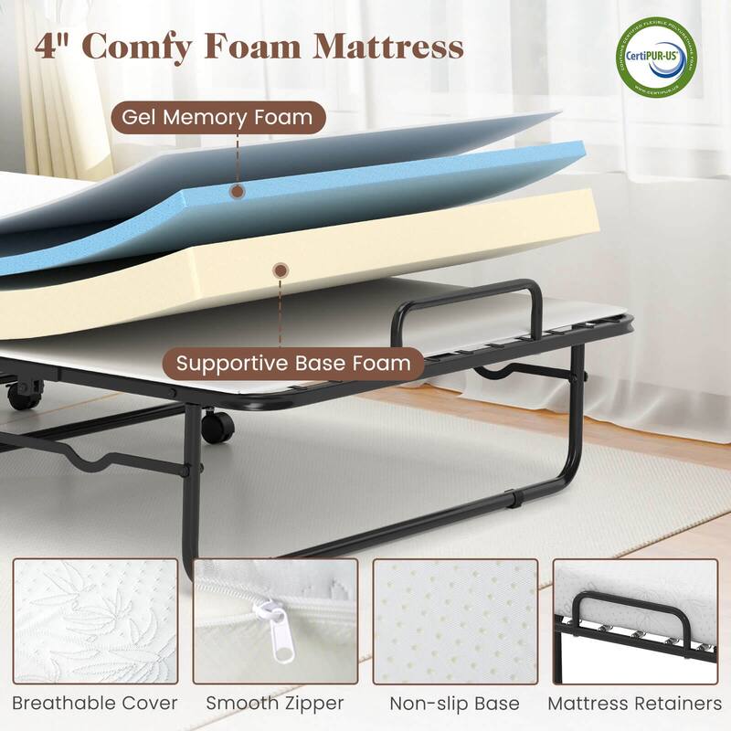 Costway Folding Bed with Mattress 74" x 31" Cot Size Rolling Guest Bed