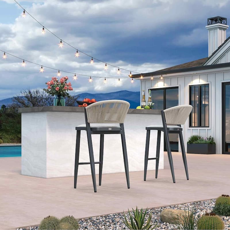 PURPLE LEAF Bar Stool Set of 2 Outdoor Rattan Bar Chair with Back Metal Bar Height Stool Wicker Barstool Dark Grey - N/A