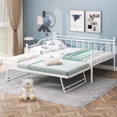 White Modern Style Full Size Metal Daybed with Twin Size Adjustable Trundle for Bedroom