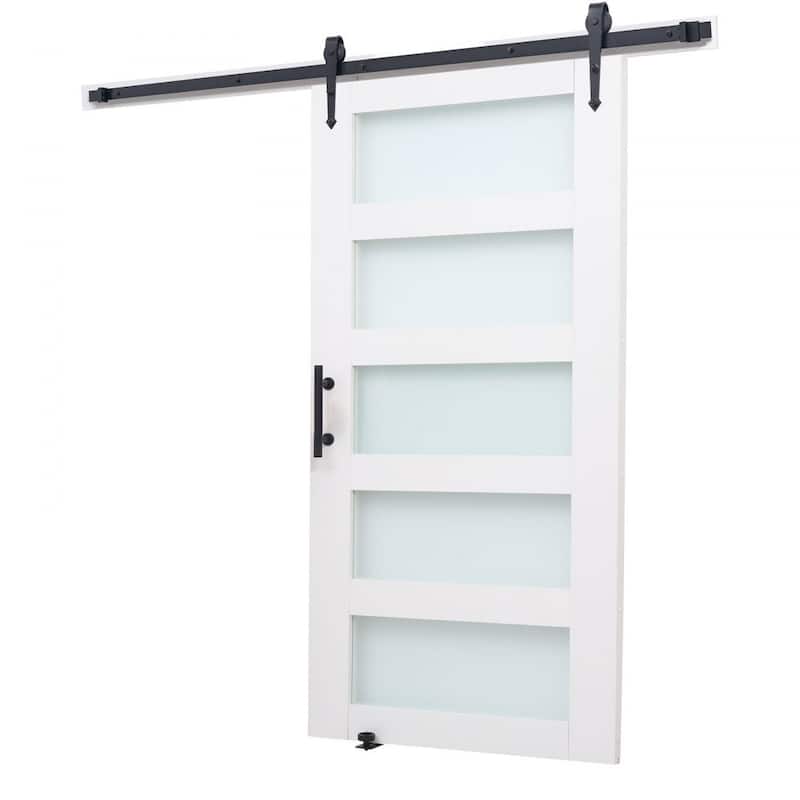 White MDF Sliding Barn Door with Frosted Glass for Bathroom and Kitchen