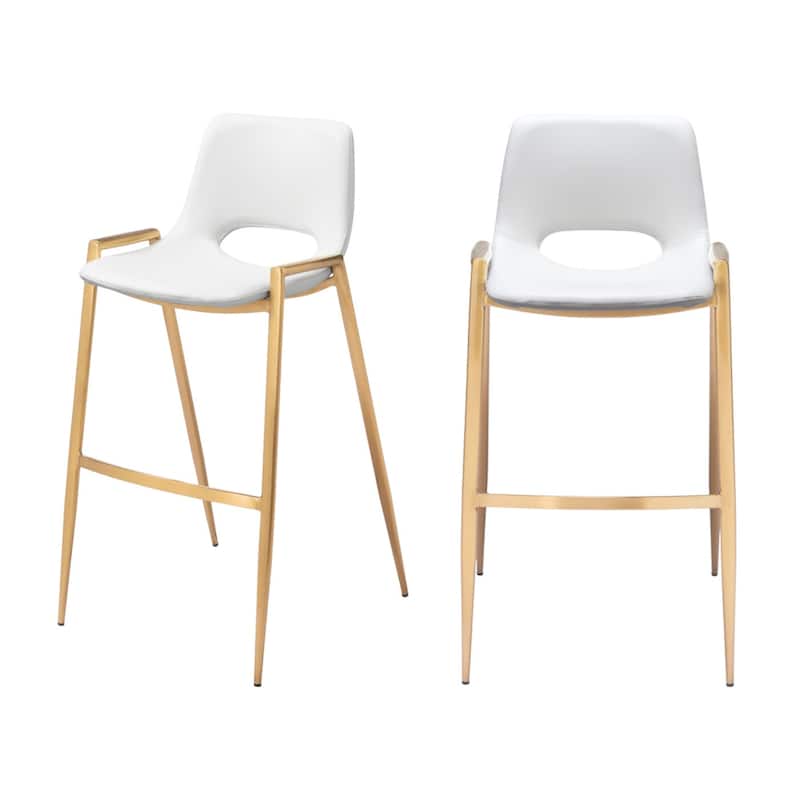 Set of Two 30" White And Gold Faux Leather And Steel Low Back Bar Height Bar Chairs