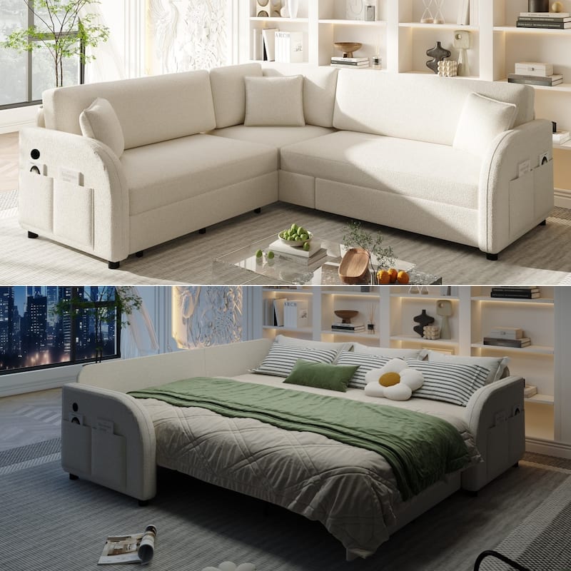 Sectional Sleeper Sofa with Pull Out Bed, Convertible Teddy Fabric Couch with Side Pockets & USB Ports, L Shaped Modular Couches - Beige+White - 5 Seat