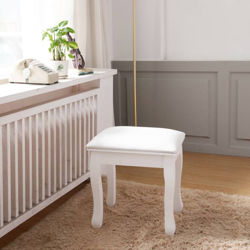 Vanity Stool Padded Makeup Bench with Solid Wood Legs - White