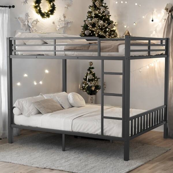 slide 2 of 12, Space-Saving Metal Bunk Bed Design Queen Over Queen Bunk Beds Comes With 4-Step Ladders