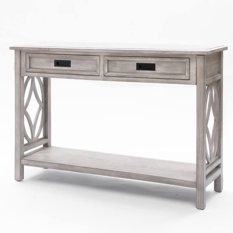 Grey Washed Wood 2-Drawer 1-Shelf Console and Entry Table - 32.7" H x 47.2" W x 13.8" D