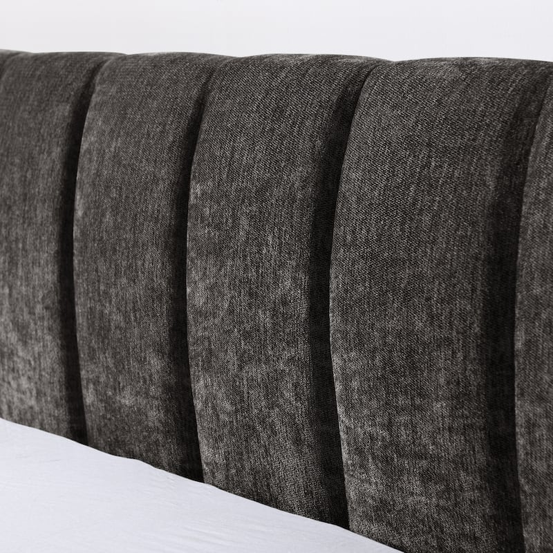 King Upholstered Bed Frame with Storage Drawer, Thick Padded Headboard & Solid Frame in Chenille Fabric