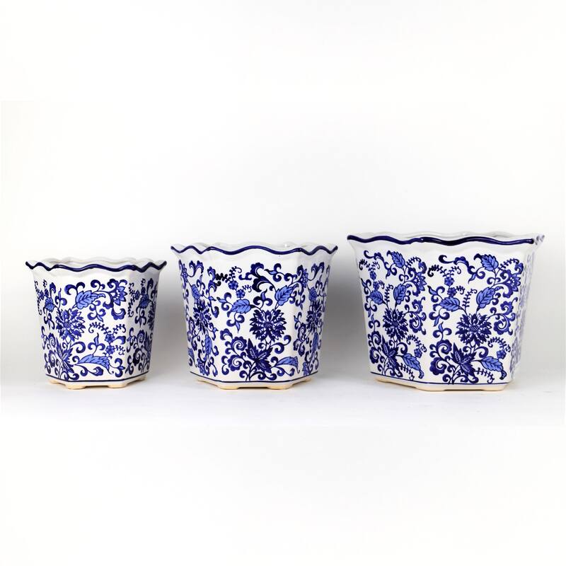 Euro Ceramica Blue and White Ceramic 3 Piece Chinoiserie Garden Planter Set - Set of 3