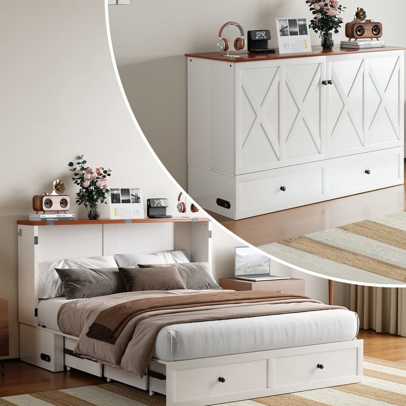 Mixoy Modern Full/Queen Size Murphy Bed Chest with Mattress and Storage - White+Brown - Queen