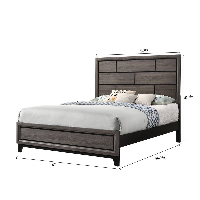 Gray Finish Queen Size Panel Low-profile Bed Geometric Design Wooden Furniture
