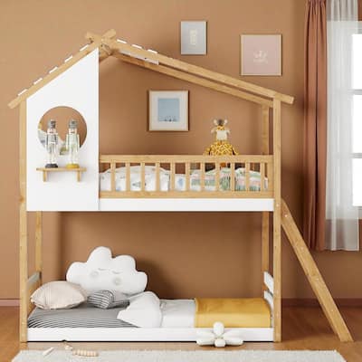 Twin Over Twin Wooden Bunk Bed with Roof and Window, Playhouse Design, Ladder and Guardrails, Natural Finish