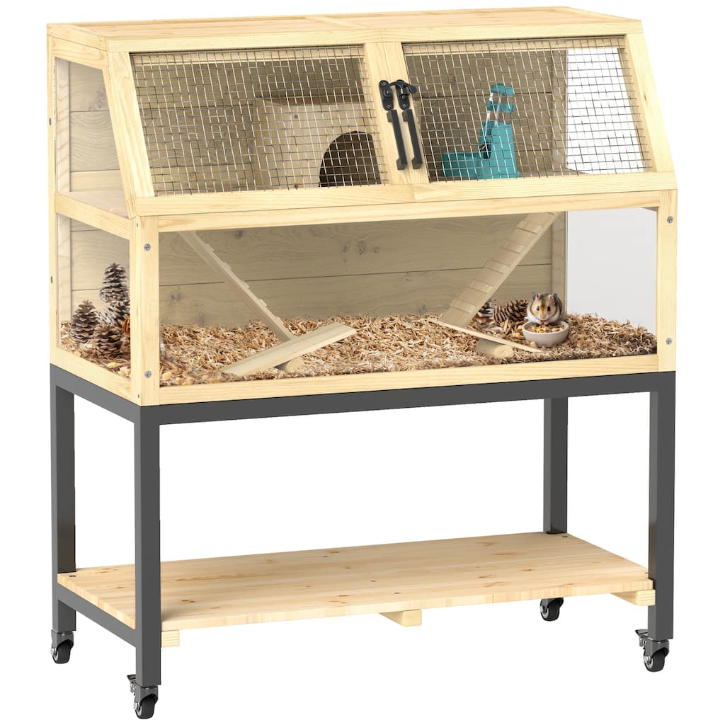 PawHut Hamster Cage with Storage Shelf, Wooden Rat Cage on Wheel, Small Aniaml Cage with Seesaws, Water Bottle, Hut & Ramps