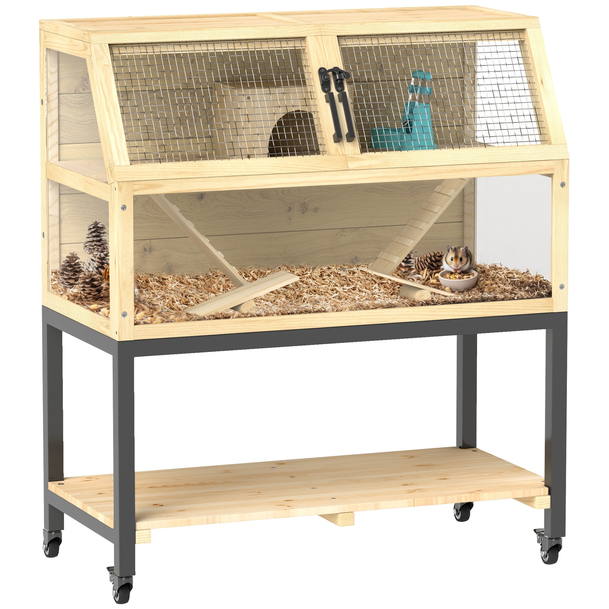 PawHut Hamster Cage with Storage Shelf, Wooden Rat Cage on Wheel, Small Aniaml Cage with Seesaws, Water Bottle, Hut & Ramps