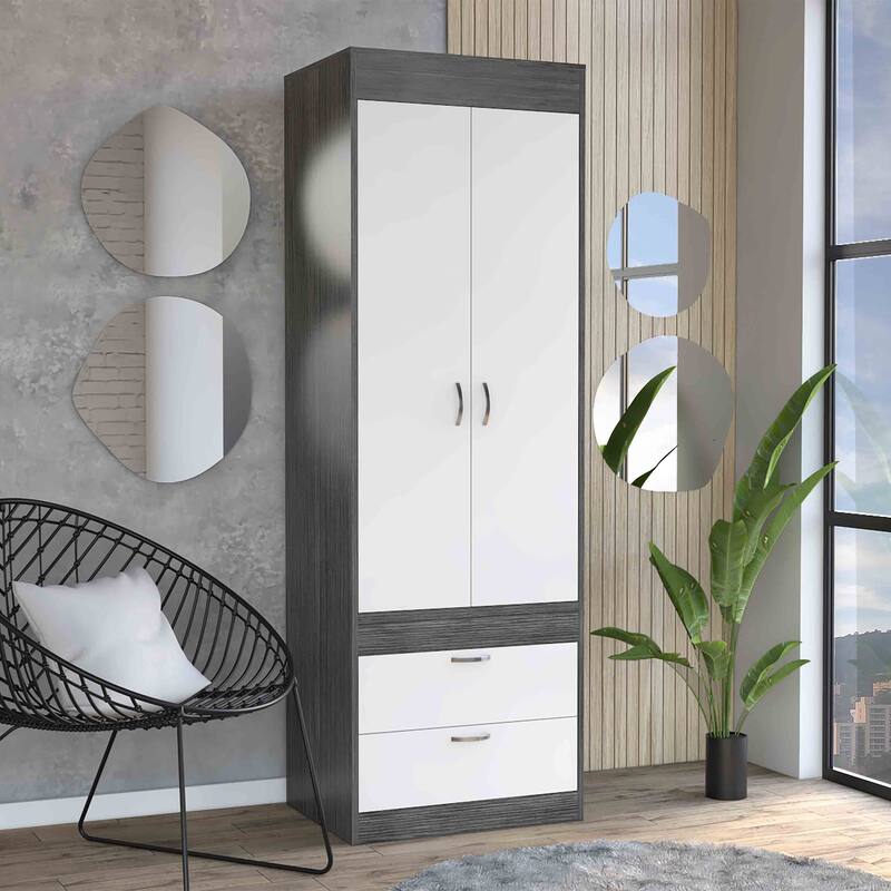 Versatile Wardrobe Armoire Closet Storage Cabinet with Double Doors, Two Drawers, and Hanging Rod - Elegant and Space-Saving